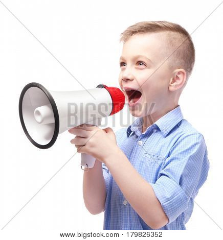 Cute little boy with megaphone on white background