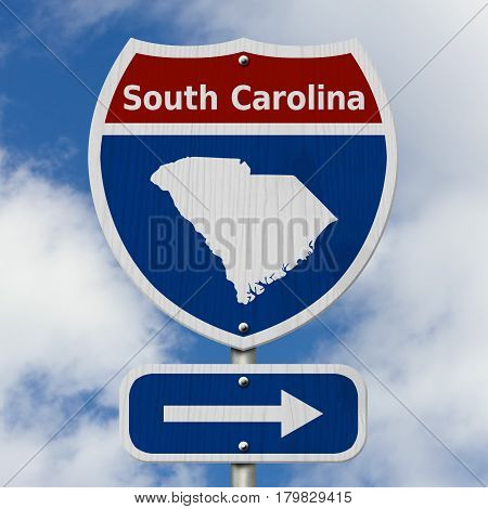 Road trip to South Carolina Red white and blue interstate highway road sign with word South Carolina and map of South Carolina with sky background 3D Illustration