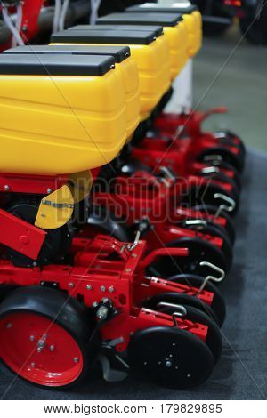 Pneumatic seed drills on agricultural exhibition