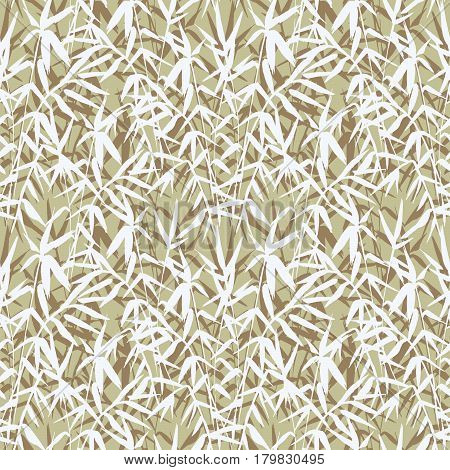 Bamboo seamless pattern on green background in japanese style, light fresh leaves, zen-like realistic design, vector illustration