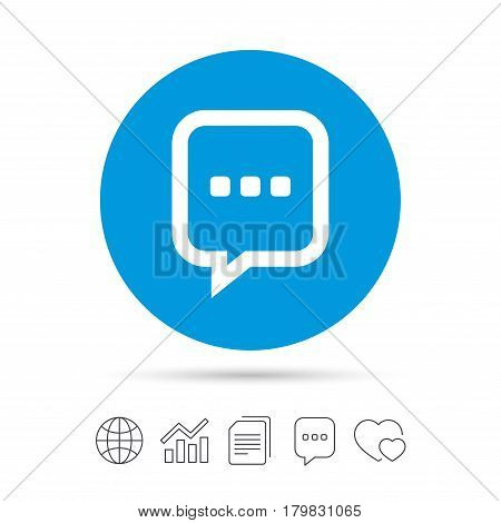 Chat sign icon. Speech bubble with three dots symbol. Communication chat bubble. Copy files, chat speech bubble and chart web icons. Vector