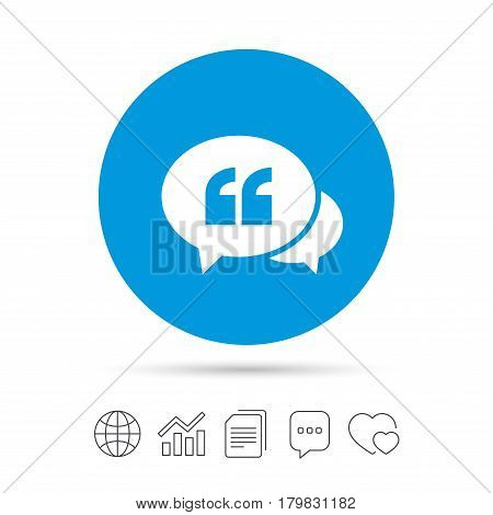 Chat Quote sign icon. Quotation mark symbol. Double quotes at the beginning of words. Copy files, chat speech bubble and chart web icons. Vector
