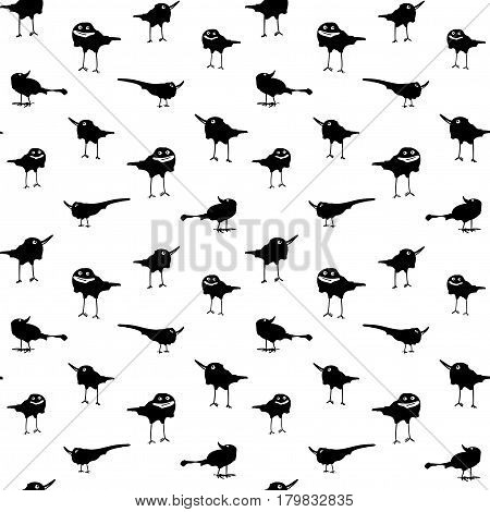 Illustration with happy crows on white background. Seamless pattern.