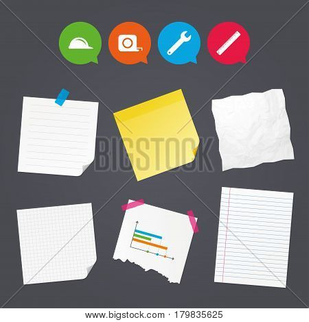 Business paper banners with notes. Construction helmet and wrench key tool icons. Ruler and tape measure roulette sign symbols. Sticky colorful tape. Speech bubbles with icons. Vector