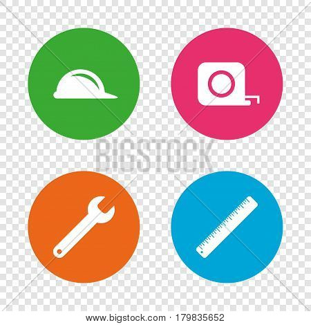 Construction helmet and wrench key tool icons. Ruler and tape measure roulette sign symbols. Round buttons on transparent background. Vector