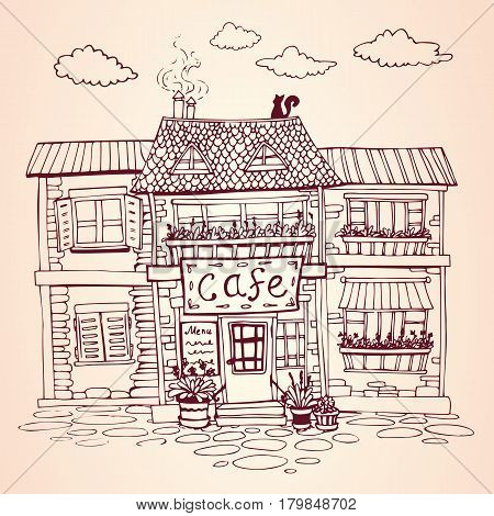 Vintage european street. Cozy cafe house. Hand drawn Vector Illustration. For print and decoration.