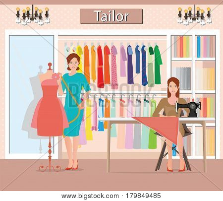 Boutique indoor of woman's cloths fashion tailor shop Clothing store interior building vector illustration.