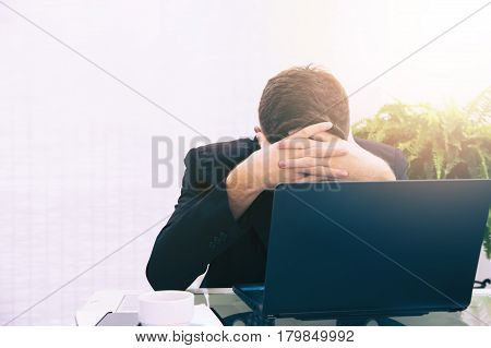 Businessman fail , businessman hand holding head for Frustrated, headache and thinking concept