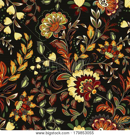 Colorful seamless with eastern patterns on dark background.