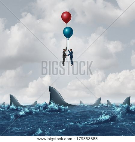 Business meeting risk as two businessmen overcome the dangerous sharks in the water by using balloons to rise above the obstacle as a corporate metaphor for finding partnership solutions with 3D illustration elements.