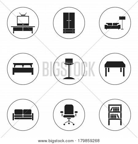 Set Of 9 Editable Furniture Icons. Includes Symbols Such As Bearings, Bookrack, Tv And More. Can Be Used For Web, Mobile, UI And Infographic Design.