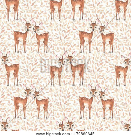 Watercolor floral pattern with fawns. Floral background
