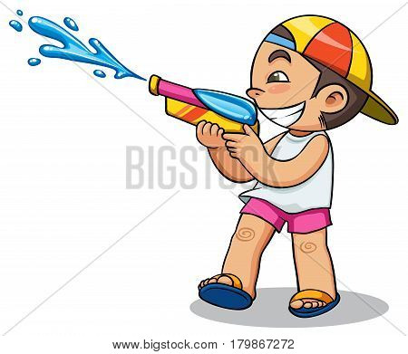kid playing water gun summer vector illustration