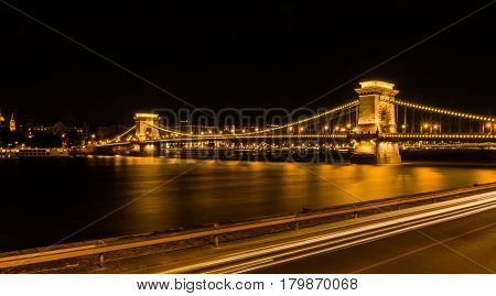 Night View Of The Chain Bridge In Budapest