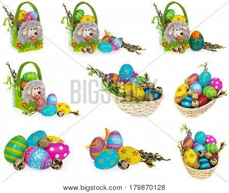 Basket With Easter Eggs And Catkins. Easter Basket Made Of Felt.