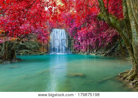 Waterfall In Deep Forest At Erawan Waterfall National Park,