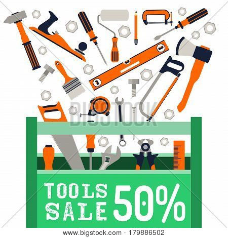Vector banner with a picture of the tool box and hand tools to repair isolated on a white background. Poster about the beginning of sales of construction tools