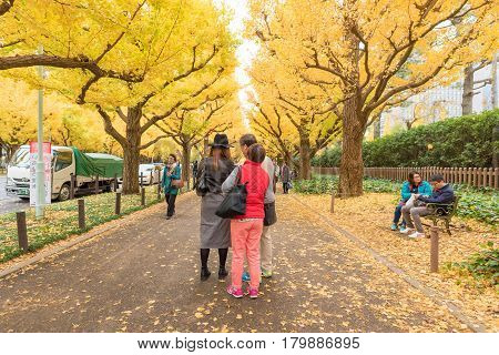 TOKYOJAPAN- NOV 22 :Tourists at Meiji Jingu Gaien in Tokyo Japan on November 22 2016.Meiji Jingu Gaien that has beautiful Ginkgo along the lenght of the street famous for autumn spot in TokyoJapan