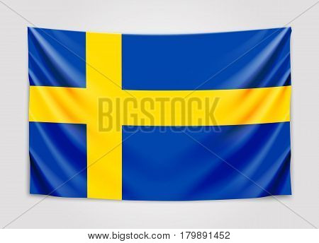 Hanging flag of Sweden. Kingdom of Sweden. National flag concept. Vector illustration.