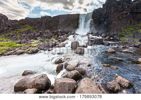 Oxararfoss Waterfall In Thingvellir National Park