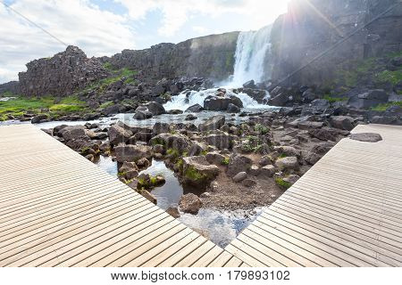 Oxararfoss Waterfall In Thingvellir National Park