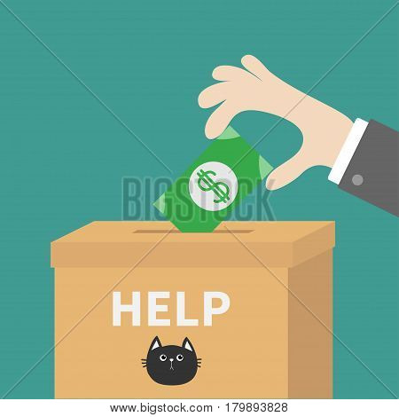 Human hand putting paper money bill with dollar sign into donation paper cardboard box. Helping hands concept. Donate and help cats. Flat design style. Green background. Vector illustration.
