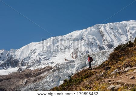 Trekker In Front Of Manaslu Glacier On Manaslu Circuit Trek In Nepal