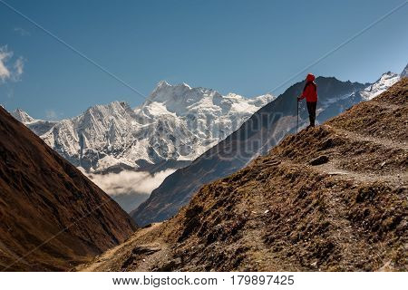 Trekker On Manaslu Circuit Trek In Nepal