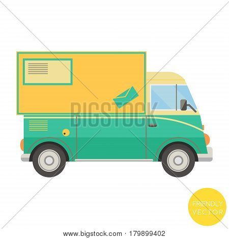 Cartoon transport. Postal truck vector illustration. View from side.