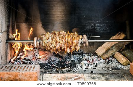 Making Home Made Cag Kebab Gyros With Fire And Charcoal.
