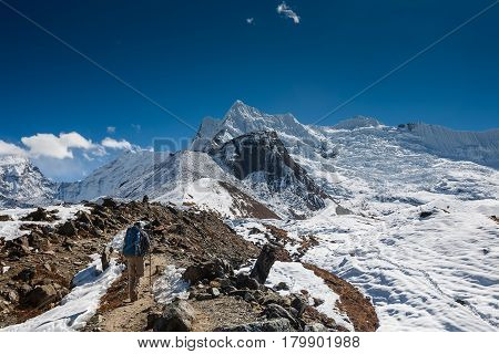 Trekker In Khumbu Valley On A Way To Everest Base Camp