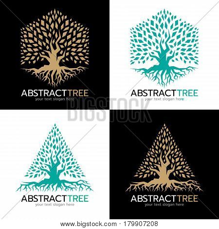 Green and gold Hexagonal and triangle abstract tree logo vector art design