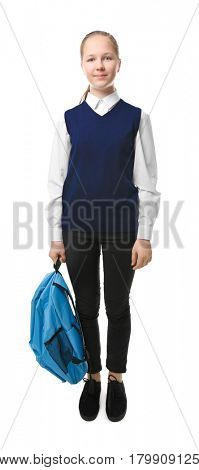 Cute girl in school uniform on white background