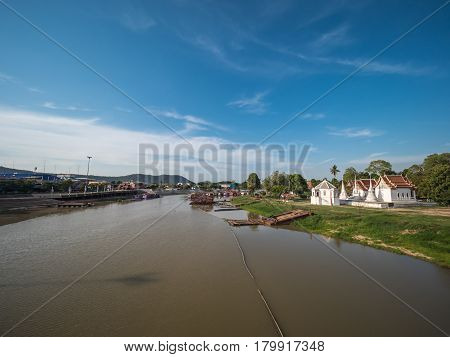 Traditional houseboats on natural river in Uthaithani Thailand