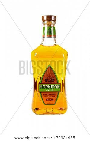 Colbert, WA - April 1, 2017: Hornitos Green Label Mexican tequila isolated on white, illustrative editorial