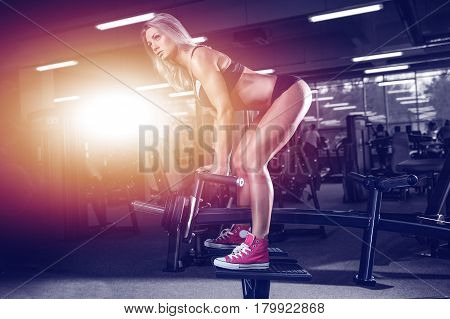 Beautiful Sexy Caucasian Fitness Girl Training Back In Gym Pumping
