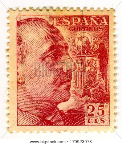 GOMEL, BELARUS, 30 MARCH 2017, Stamp printed in Spain shows Francisco Franco Bahamonde was a Spanish general who ruled over Spain as a military dictator for 36 years, circa 1960.