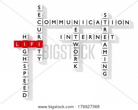 Crossword puzzle showing LIFI keywords as dice on a white board communication concept flat design 3D illustration