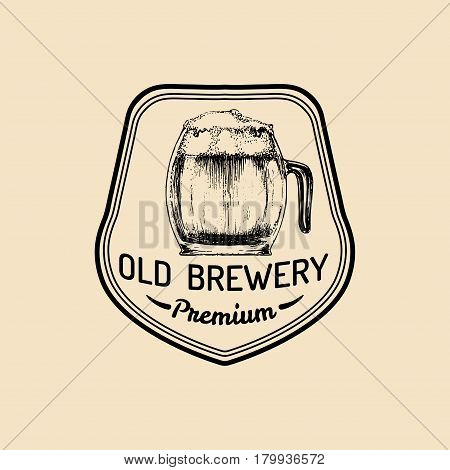 Kraft beer mug logo. Lager cup retro sign. Hand sketched ale glass illustration. Vector vintage homebrewing label or badge.