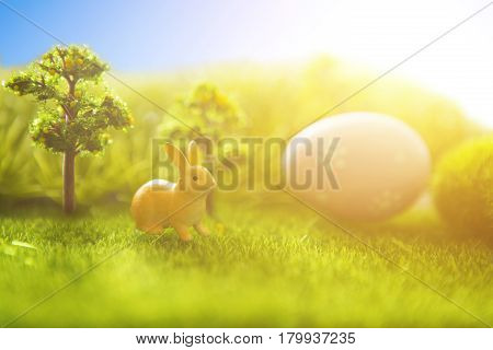 Decorated Eggs And The Easter Bunny On Meadow. Macro.