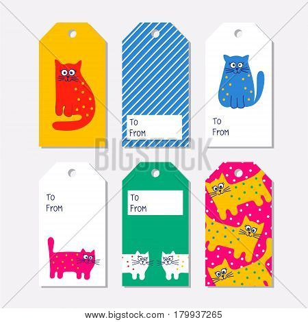 Set of six Gift Tags. Perfect for every presents and gifts. Vector illustration. Tag collection with cute hand drawn cats. Bright colors cartoon kitty.