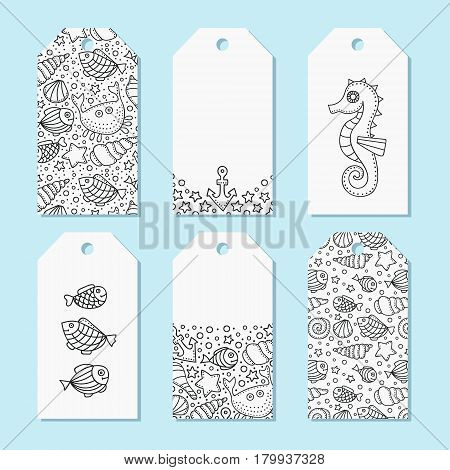 Vector set of six tags. Sea theme label with hand drawn doodle elements. Fish crab seahorse anchor bubbles dots shell. Summer theme. For gifts and greetings. Black and white illustration.