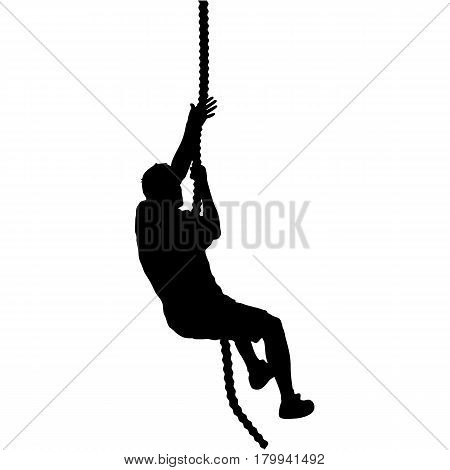 Black silhouette Mountain climber climbing a tightrope up on hands.