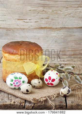 Easter Composition Of Sweet Bread, Paska And Eggs On Wooden Background. Orthodox Kulich. Holidays Br