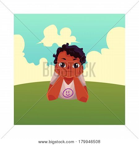 Teenage black, African American boy with big eyes lying on grass under summer sky, colorful cartoon vector illustration. Black, African boy, kid, child lying on the grass, summer vacation concept