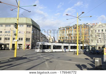 GRAZ, AUSTRIA - MARCH 19, 2017: Tram at Jakominiplatz in Graz the capital of federal state of Styria Austria.