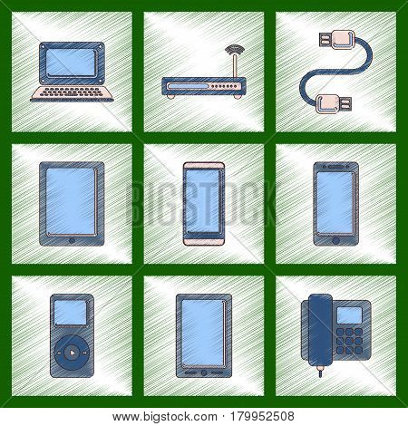 assembly flat shading style icon of Wi fi modem mobile phone gadget usb cable music player laptop