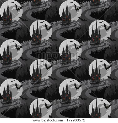 Seamless Halloween Pattern with Moon and Castle