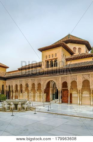 Court of the Lions is the main courtyard in Nasrid dynasty Palace Alhambra Granada Spain