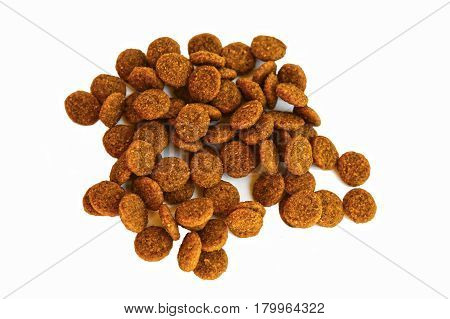 Dry food in granules for pets: nutrition food of animals dogs and cats on an isolated background.
